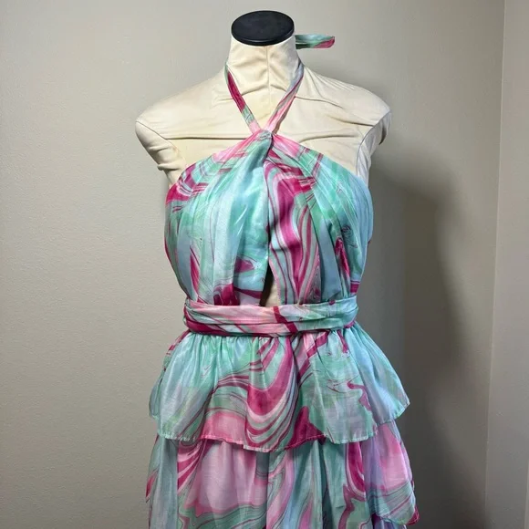 NWT OLIVACEOUS Candy Swirl Pink & Green Tiered Maxi Dress Halter Neck Sz Large - Picture 3 of 10